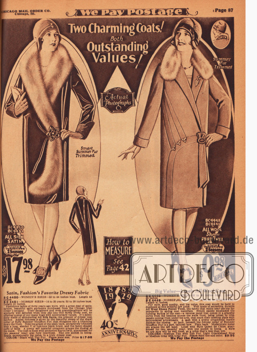 „Zwei entzückende Mäntel! Beide herausstechende Werte“ – „Reale Fotografien“ (engl. „Two Charming Coats! Both Outstanding Values!“ – „Actual Photographs“).
Der linke exklusive Frühjahrsmantel ist aus Seiden-Satin gefertigt und der lange bis zum Saum geführte Schalkragen ist mit dem Sommerfell des Mufflons (Wildschaf) verbrämt.
Das rechte Modell ist aus Poiret-Wolle gefertigt und ebenfalls mit Mufflon Sommerfell am Kragen verbrämt. Eingearbeitete Paneele erzeugen einen geometrischen Effekt. Metallische Pfeilspitzen markieren das Zusammentreffen der Paneele.