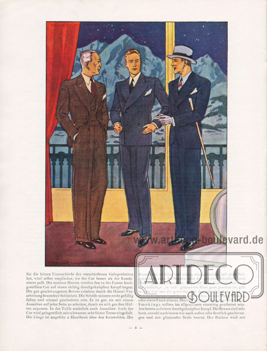 Artikel:
Henschke, Bruno, Die Mode für Herbst und Winter 1929/30. Ein Modebrief.
Wichtigster Bestandteil der Herrengarderobe ist der Sakkoanzug. Die modische Silhouette des Sakkos im Herbst 1929 zeigt sich in breiten Schultern, die nicht eckig, aber auch nicht rund gepolstert sind, in einer gut betonten Taille und gleitenden Hüften. Die Revers sind gerade oder steigend, stets aber weit ausladend, gearbeitet. Die Brusttasche - für Stecktücher - ist schräg eingeschnitten. Ob der Herr lieber einen Einreiher oder einen Zweireiher trägt ist seinem persönlichen Geschmack überlassen.
Kammgarne, glatt, gemustert oder angeraut, feste und lockere Gewebe wie Saxons, schwere Gabardine und Cheviots sind die bevorzugten Stoffe der Saison. Karos, Punkte, Sprengel, Melangen, Figurendessins und Steifen in ausgesprochen kleinen Musterungen werden bevorzugt.
Zeichnung/Illustration: Harald Schwerdtfeger (1888-1956).