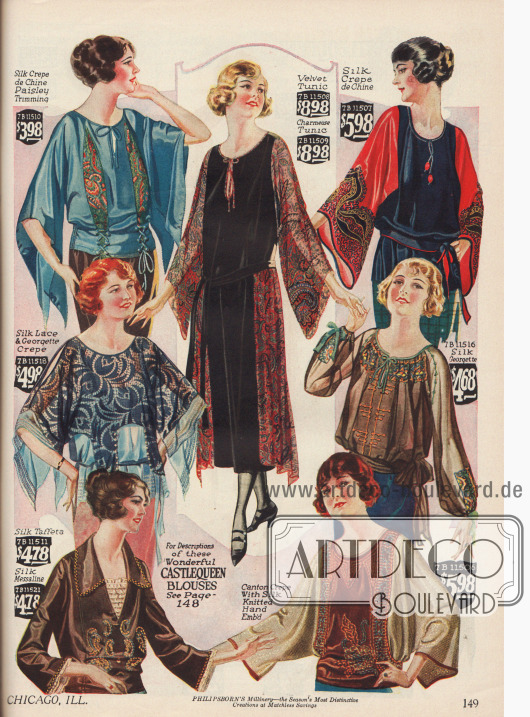 Modische „Castlequeen“ (Burgfräulein) Damenblusen, eine Tunika und halbtransparente Überblusen. Die Blusen sind aus Seiden Crêpe de Chine, Seidenspitze und Georgette, Seiden-Georgette, Seiden-Taft, Seiden-Messaline und Canton-Krepp.
Auffällig sind die überbreiten, teilweise geschlitzten Schmetterlings-, Kimono-, Glocken und russisch angehauchte Ärmel (unten rechts) die charakteristisch für die Mode gegen Mitte der 20er sind.
Großzügige Stickereien und Stoffeinsätze in Paisley-Musterung finden reiche Verarbeitung.