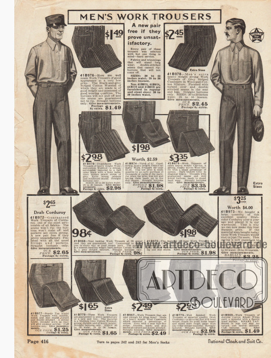 „Arbeitshosen für Männer“ (engl. „Men’s Work Trousers“).
Die gezeigten Arbeitshosen sind aus gestreifter, dicker Baumwolle, Baumwolle und Wolle, Woll-Baumwoll-Kaschmir, geripptem Kord, Cheviot-Wolle oder Baumwoll-Khaki. Um harter Belastung standzuhalten sind die Hosen mit verstärkten Nähten genäht. Fast alle Hosen sind ohne Hosenaufschläge hergestellt.