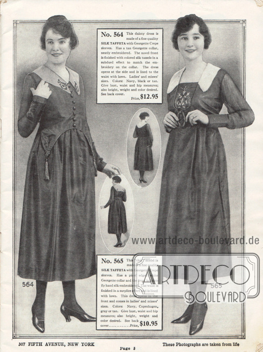 Kleider aus Seiden-Taft.
Das erste Kleid besitzt einen Kragen aus Georgette und zeigt feine Stickerei. In der Frontpartie läuft der Stoff beidseitig spitz zu und endet in zwei Quasten aus Seide. Auch das zweite Kleid zeigt in der Front eine dezente Stickerei.
