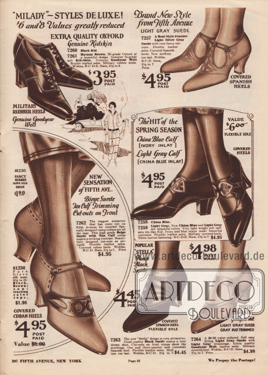 Schnallenschuhe aus Wildleder, Veloursleder oder Kalbsleder sowie ein Oxford-Paar aus Chevreauleder (Ziegenleder) mit zumeist spitzer Schuhkappe und niedrigen, dicken Absätzen („military“ oder „Spanish heels“). Gerade die Kombination von zwei verschieden Ledersorten und Farben gibt einzelnen Modellen eine besonders exklusive Note.
Viele Modelle zeigen ornamentale Ausstanzungen oder Perforationen. Einzelne Modelle sind mittels des „Goodyear Welt“ Produktionsverfahrens hergestellt worden. Zwei Paare tragen die Produktbezeichnung „Milady“ und „Stella“.