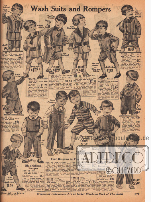 „Waschbare Anzüge und Spielanzüge“ (engl. „Wash Suits and Rompers“).
Leicht waschbare Spielanzüge mit kurzen Hosen und Overalls zum Raufen, Spielen und Toben für 2 bis 8-jährige Jungen. Die Anzüge sind aus „Tan Holland“ (?), weißem Leinen, Batist, gestreiftem Perkal, Khakigewebe oder Chambray.
In der Mitte rechts ein Oliver Twist Spielanzug.