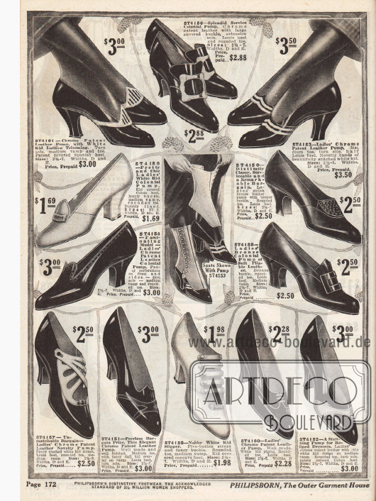Sechs Pumps, vier Kolonialpumps (mit Frontlasche oder Metallschnalle) und zwei Schnallenschuhpaare für mondäne und modebewusste Damen aus Lackleder und Chevreauleder (Ziege). Farblich kontrastierende Lederverarbeitungen, Ziernähte oder Perforationen geben jedem Schuh einen distinguierenden Charakter. Louis XIV Absätze und spitz zulaufende, aber abgerundete Kappen sind en vogue.
Für das Paar oben rechts werden auch gleichzeitig kostenlose Gamaschen mitgeliefert (Bildmitte).