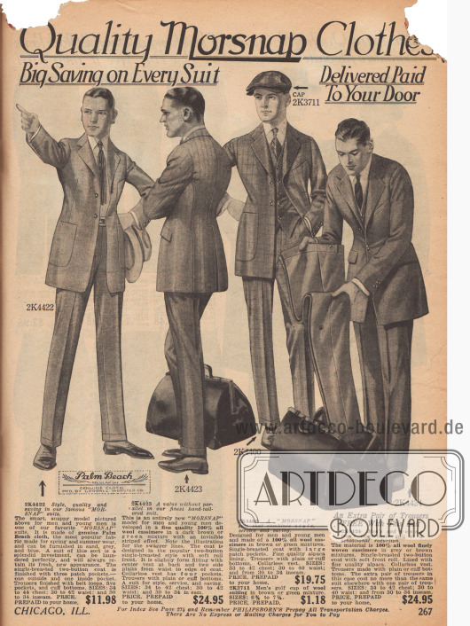 Doppelseite mit überwiegend einreihigen Anzügen für Männer und jüngere Männer aus Woll-Kaschmir, Woll-Serge, „Daytona beach suiting“ (leichter Sommerstoff), „Palm Beach cloth“ (ebenfalls leichter Sommerstoff) und reinem Kaschmir. Die Sakkos zeigen kurze Revers und sind eng auf Taille sowie mit recht großen Taschen gearbeitet. Die passenden Hosen sind Knöchellang und ebenso röhrenartig eng geschnitten.
Einzelne Modelle werden mit einem zweiten zusätzlichen Paar Hosen geliefert.
