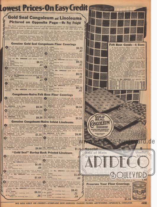 „Niedrigste Preise – Auf günstigem Kredit“ (engl. „Lowest Prices – On Easy Credit“).
Linoleum und Congoleum Bodenbeläge, beispielsweise für Küchen, in Fliesen-, Stein- oder Teppichmustern. Unten rechts wird ein spezieller Firnislack zum Schutz von Linoleumböden offeriert (1 quart = 0,946 l).
In der linken Spalte befinden sich die ausführlichen Beschreibungen der Produkte auf der gegenüberliegenden Farbseite 128.