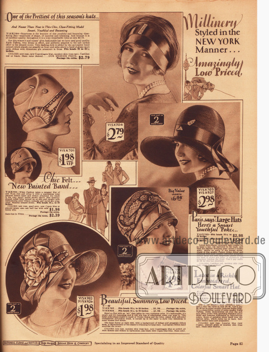 Die fünf schönsten Damenhüte für Frühjahr und Sommer 1928 aus Woll-Filz, Faille-Taft, mailändischem Stroh, „Pedaline“ Strohgeflecht sowie „Timbo“ Hanf. Alle Hüte zeigen breite Ripsbänder sowie Hutnadeln, Kokarden, Kunstblüten oder aufwendige Stickereien. Das Modell oben links ist mehrfach geknifft.
Die Krempe des Hutes oben rechts hat eine Weite von etwa 5 Inch (12,7 cm) und ist, wie beim Modell unten links, schutenartig gebogen. Die Krempe des Modells unten links ist zudem mit halbdurchsichtigem Pyroxalin Gewebe (Kunstfaser) belegt.