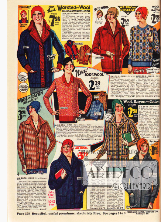 Strickwaren und bunten Farben und Musterungen für Frauen, wie Strickjacken (Cardigans) und Pullover aus Wolle, Rayon und Baumwolle.