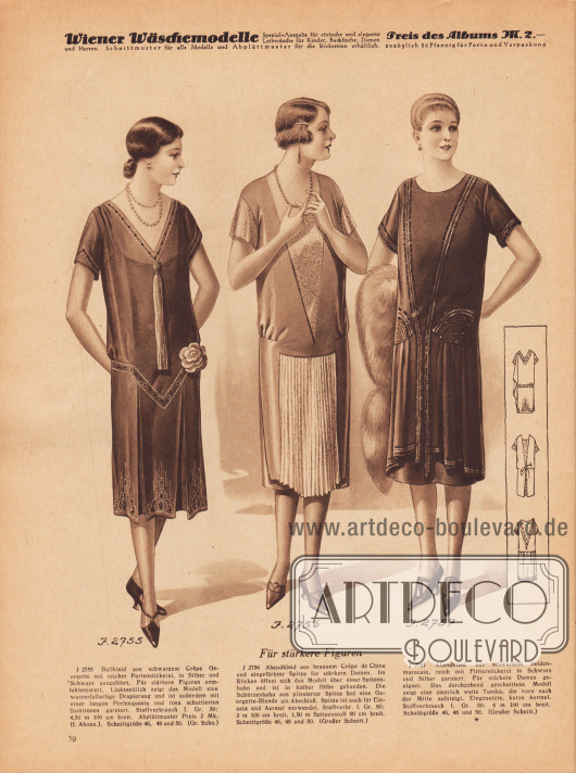 Abend- und Ballkleider für Frauen mit stärkeren Figuren.
2755: Das erste Ballkleid aus schwarzem Crêpe Georgette zeigt reiche schwarze und silberne Perlstickereien und eine lange Perlenquaste im Frontbereich. In der linksseitlichen Rückenpartie fällt eine wasserfallartige Drapierung herunter. Eine rosa Samtrose ziert die linke Hüfte.
2756: Das Abendkleid aus braunem Crêpe de Chine präsentiert im Rücken, in der Front und an den Ärmeln eingefärbten Spitzenstoff. Die Schürzenbahn aus plissierter Spitze hat eine Georgette-Blende als Abschluss.
2757: Das letzte Modell aus schwarzem Seiden Marocain wird von reicher Flitterstickerei in Schwarz und Silber garniert. Das durchgehend geschnittene Modell zeigt eine ziemlich weite Tunika, die vorn nach der Mitte aufsteigt.