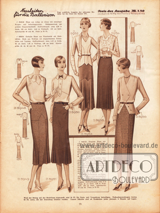 5948/49: Bluse aus Crêpe de Chine mit neuartiger Kragen- und Aufschlaggarnitur. Hüftpassenrock aus grobem Diagonalwollstoff.
5950/51: Einfache Bluse aus Waschseide mit Hohlnähten. Rock aus Wollrips mit eingearbeiteten Faltenteilen und Taschen.
5952/53: Elegante Bluse aus Crêpe de Chine mit Hohlnähten. Rock aus grünem Lindener Samt, in halber Höhe geteilt und durch Glocken erweitert. Grüner Ledergürtel.
5954/55: Bluse aus weißer, blau gepunkteter Travisé-Kunstseide mit weißer Crêpe de Chine-Garnitur. Rock aus marineblauem Kammgarn mit eingearbeiteten Faltenteilen.
5956/57: Westenbluse aus Pikee. (Auch aus Crêpe Satin herzustellen.) Für den Rock ist karierter Wollstoff verwendet. Seitlich Faltengruppen.