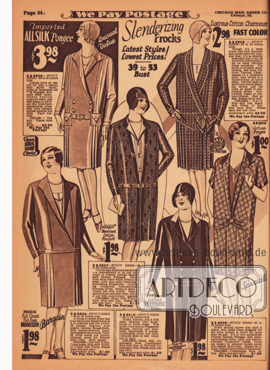 „Verschlankende Kleider“ (engl. „Slenderizing Frocks“).
Schlichte und günstige Tages- und Haushaltskleider für vollschlanke Damen. Die hier gezeigten Modelle sind aus importiertem Seiden-Pongee, merzerisiertem Baumwoll-Foulard, glänzender Baumwoll-Charmeuse, Baumwoll-Breitgewebe und „Pepperell“-Satin (hergestellt in den Pepperell Stoffwebereien in Biddeford, Maine, USA).
Mehrere Modelle zeigen Westeneinsätze. Biesen, Knöpfe oder Schleifen dienen als Zierde und Plisseefalten erweitern die Röcke.