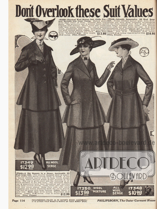„Don't Overlook these Suit Values - Each One a Rare Bargain” (dt. „Übersehen Sie diese günstigen Kostüme nicht - Jedes ein seltenes Schnäppchen“)
Drei Stadtkostüme für Damen aus reinem Woll-Serge, einem Woll-Gemisch und wieder reinem Woll-Serge.