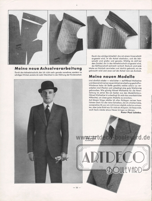 Artikel:
Juhnke, Peter Paul, Meine neue Achselverarbeitung;
Ders., Meine neuen Modelle.
Zum Artikel gehören fünf Modellbilder (siehe auch S. 15), die die Verarbeitung des Hänselstoffes durch Peter Paul Juhnke zeigen. Der fertige Anzug und eine Nahaufnahme der Verarbeitung sind im unteren Bildteil zu sehen. Der fertige Anzug wird von Herrn Fritz Reim (Chefpilot und Kunstflieger) präsentiert.
Fotos: Hänsel-Werke.