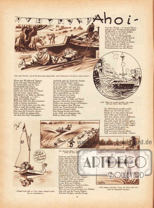 Lustige Zeichnungen und kurze Reime zum Thema Wassersport, Urlaub und Sommerfrische – „Ahoi“.
Illustrationen/Zeichnungen: Hans Kossatz (1901-1985).