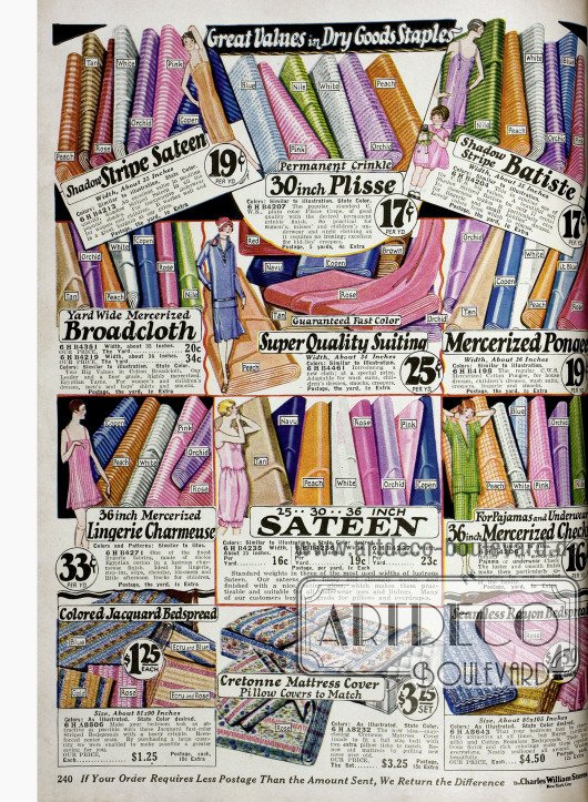 Gestreiftes Satin, Plisseestoff, Batist, mercerisiertes Breitgewebe und Satin zum Selbstschneidern von Kleidern und Unterwäsche. Unten im Bild sind Tagesdecken aus Jacquard und Rayon sowie Matratzenbezüge aus Cretonne.