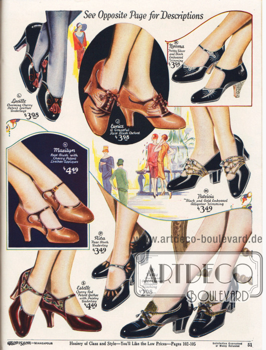 Pumps, Oxfords und Schnallenschuhe aus schwarzem, beigem oder kirschrotem Lackleder. Einige Modelle sind mit dunkleren oder alligatorenartig genarbten Ledersorten (M, R) kombiniert.
Die Damenschuhe zeigen extravagante Ausschnitte oder dekorative Ausstanzungen. Das Modell Norma (K) zeigt helle Prägungen und Silberstickereien; zudem ist der Absatz mit farblich abgestimmtem Leder bezogen. Dagegen zeigt das Modell Estelle (S) ein farbiges Inlay mit Paisley-Muster. Die Absätze der Schuhe sind entweder mittelhoch und schlank (engl. „spike heel“) oder etwas niedriger und breiter geformt (engl. „Cuban heel“).