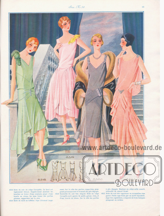 8518: Robe du soir en crêpe Georgette. Le haut est légèrement blousé. Empiècement moulant les hanches en forme d’une ceinture, piqué d’une boucle en strass. La jupe forme des parties plissées, rapportées sur le côté.
8519: Robe de style en taffetas. Jupe s’évasant largement. Sur le côte des parties, rapportées, plongeant gracieusement et formant des plis dégagés.
8520: Ensemble du soir très élégant. Robe en crêpe Georgette noir, garnie de petits galons cirés, et d’une boucle en strass. Sur le côté des parties à plis dégagés. Manteau en crêpe satin assorti, réchauffé de renard blond.
8521: Robe du soir très vaporeuse en mousseline rose pastel. Petite cape fixée par un motif bijouterie. Jupe très capricieuse, composée de trois tuniques plongeant en arrière.