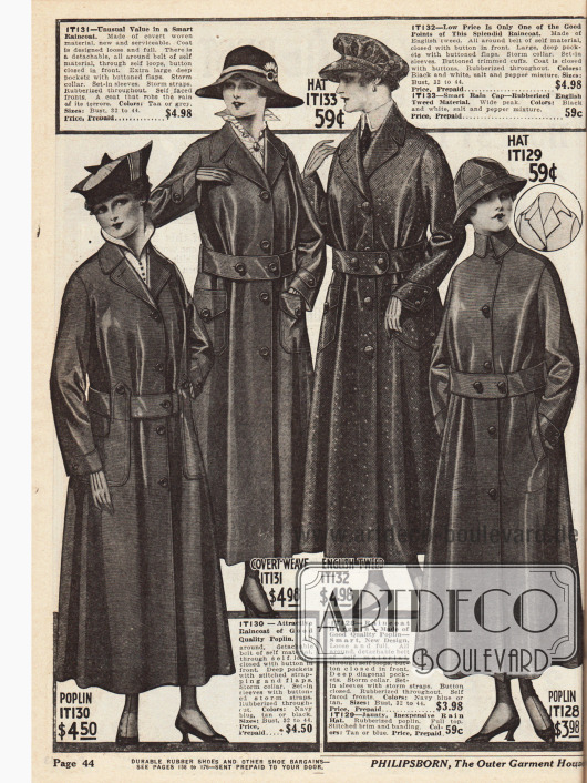 Regenmäntel für Damen aus Popelin, gummiertem Gewebe, englischem Tweed und ebenfalls Popelin. Für die letzten beiden Modelle sind auch Regenhauben aus denselben Materialien im Angebot.
