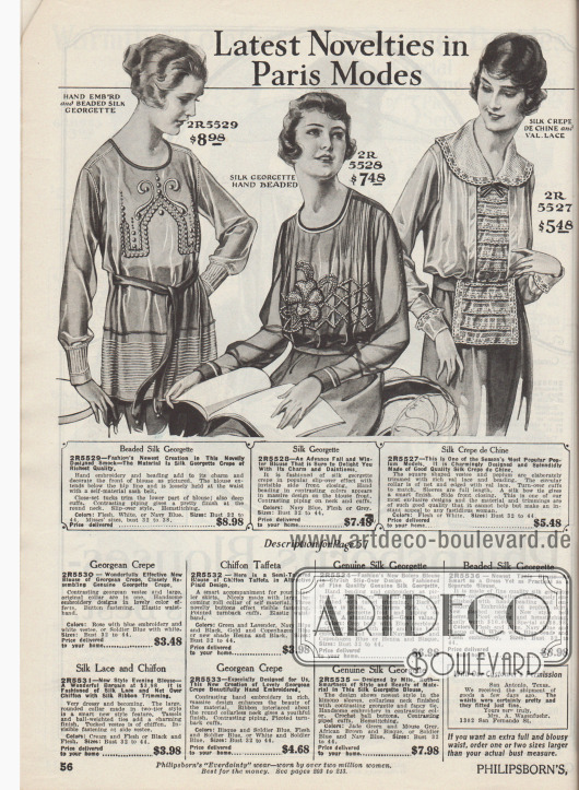 „Letzte Neuheiten der Pariser Mode“ (engl. „Latest Novelties in Paris Modes“).
Zwei exquisite Damenblusen und eine Kasack (lange Kittelbluse) mit Gürtelband aus Seiden-Georgette oder Seiden-Crêpe de Chine.
Biesengruppen, abgenähte Säumchen, opulente Perlstickereien oder eine weiße Spitzengarnitur (Kragen, Pastron bzw. Westeneinsatz mit Latz) geben den Modellen jeweils einen besonderen Charakter.