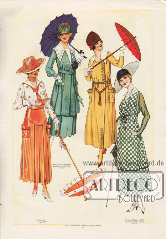 „Einfachheit der vornehmen Linie charakterisieren die neueste Mode“ (frz. „Simplicité de Distinction de Ligne caractérisent les dernières Modes“).
9271 & 9272: Kombination aus gepunkteter Bluse mit Matrosenkragen und Brusttasche und einem orangen Rock mit beidseitig aufgesetzten Taschen und plissierter Front. Für den Rock wird die Verwendung von Shantung, Baumwoll-Gabardine, Mohair (Angorawolle), Flanell oder Woll-Jersey und für die Bluse Seiden-Crêpe de Chine, Waschseide, Foulard, Shantung, Pongee oder Wolleinen vorgeschlagen.
9250, 9049 & 10642: Lange Tunika-Bluse mit weitem Kragen und passendem Rock für Damen. Für dieses Modell werden Gabardine, Baumwoll-Popeline, Gingham oder Chambray empfohlen. Satin, Charmeuse, Krepp Meteor oder Taft können für eine raffinierte Version genutzt werden. Tunika mit aufgesetzten Taschen und einfacher Stickerei (Abplättmuster 10642).
9252: Gelbes Mantelkleid mit Gürtelkette im ägyptischen Stil, reichem Knopfbesatz, beidseitig aufgesetzten Taschen sowie weißem Kragen und Ärmelaufschlägen. Für das Kleid können wahlweise einfarbige Baumwoll-Popeline, Shantung oder Gabardine benutzt werden. Ebenso sind schottisch kariertes oder gestreiftes Serge oder Woll-Jersey bestens zum Schneidern dieses Kleides geeignet.
9265, 9255 & 10625: Grün-weißes, schachbrettartig kariertes und sehr elegantes Damenkleid bestehend aus russischer Bluse und Tunika-Rock. Die Tunika ist unterhalb des Gürtels mit dem Rock fest vernäht. Für das Kleid eignen sich Baumwoll-Gabardine, matt schimmerndes Mohair (Angorawolle), Baumwoll-Popeline, Gingham oder Chambray. Besonders elegante Kleid-Versionen können aus Foulard, Satin, Taft, schottisch karierter Seide, „gros de Londres“ (fein geripptes, dünnes Seidengewebe, ähnlich Bengaline oder Faille Seide), Tussor Seide oder Shantung hergestellt werden. Für Ärmel und Bluse werden Voile (Schleierstoff), Batist, Organdy, Linon, Zephyr, Crêpe Georgette, Seiden-Musseline oder Seiden-Marquisette empfohlen.