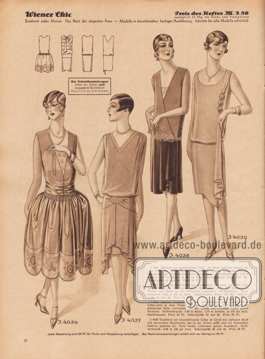 4036: Stilkleid aus pastellgrünem Taft. Am Rock gebogter Ansatz aus rosa Taft, der schöne Stickereien aufweist. Hierzu passender Einsatz. Gearbeitet auf Stilkleid-Krinoline „Barberinette“.
4037: Elegantes Abendkleid aus mattblauem Georgette mit einer zipfligen Tunika, die vorn einen engen Rock sehen läßt. Die Stickerei an Tunika und Taille ist mit Stiftperlen ausgeführt. Straßschnalle.
4038: Apartes Teekleid in einer Kombination von prunefarbenem Crêpe-Satin in zwei Tönen. Für den Rock ist der dunklere Stoff mit glänzender Seide verwendet. An der schräg übertretenden Taille aparte Stickerei.
4039: Tanzkleid aus lavendelblauem Crêpe de Chine mit zipfeligem Rock und einseitigem Garniturteil, der in der Achsel endet und mit Schneckenmotiven gehalten ist. Vorn runder, rückwärts spitzer Ausschnitt.