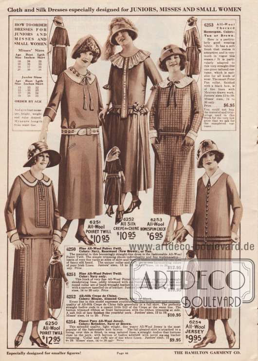 Damenkleider der mittleren unteren Preisklasse aus Poiret Wolle, Seiden Crêpe de Chine, kariertem Woll-Homespun oder Woll-Jersey für junge Frauen und Damen mit kleinen Konfektionsgrößen.
Das erste Kleid ist dezent bestickt und zeigt eine weiße Garnitur aus importiertem irischem Leinen. Beim zweiten Kleid wurden Kragen und Gürtel aus demselben Leder gefertigt. Der Kragen schließt mit einer Schleife und Quasten ab. Das dritte Modell ist ein Stilkleid mit geradem Oberteil und vollem, weitem Rock ab der Hüfte. Die plissierte Krause harmoniert mit den Rüschen an Ärmeln und Taille. Das vierte Kleid zeigt eine Garnitur mit Peter Pan Kragen und schwarzer Schleife. Das letzte Kleid ist zweiteilig und besteht aus einer hemdartigen Jacke mit zwei Lederbändern mit zig-zag Rand. Der dazugehörige Rock ist rundum plissiert.