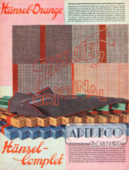 Rückseite des Magazins: Eigenwerbung für das weltberühmte, auf allen von Hänsel verarbeiteten Stoffen, aufgedruckte orange Hänselross.