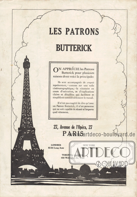 Rückseite mit der Werbung für die eigenen Butterick Schnittmuster, die über die französische Niederlassung 27, Avenue de l’Opéra, 27, Paris erhältlich waren.
