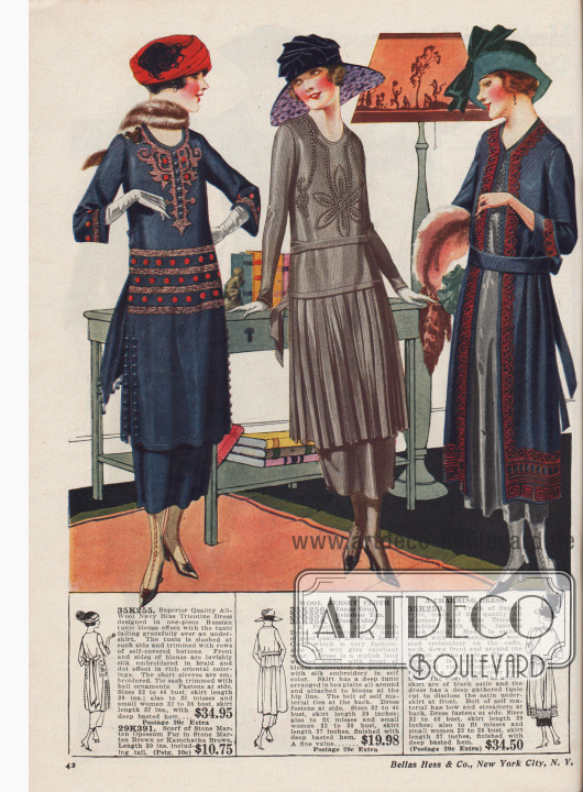 Kleider mit reichen Stickereien; einige Modelle auch mit tiefer angesetzter Taille und höherer Gürtellung.