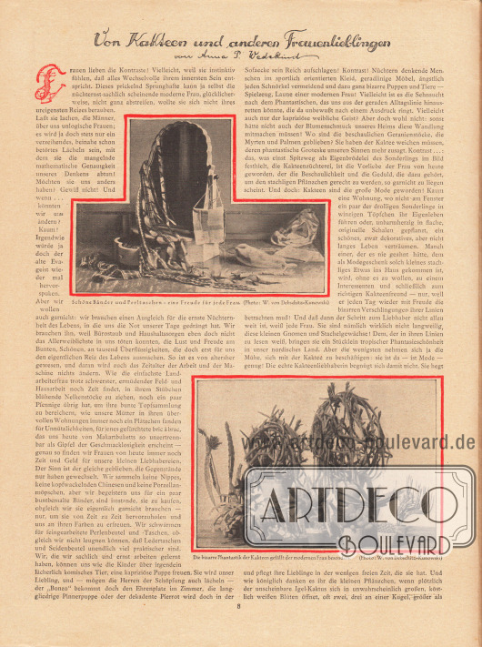 Artikel:
Wedekind, Anna P., Von Kakteen und anderen Frauenlieblingen von Anna P. Wedekind.
Der Artikel wird von zwei Fotografien ergänzt mit den Bildunterschriften „Schöne Bänder und Perltaschen – eine Freude für jede Frau“ und „Die bizarre Phantastik der Kakteen gefällt der modernen Frau besonders“.
Fotos: W. von Debschitz-Kunowski (Wanda Wilhelmine Auguste von Debschitz-Kunowski, 1870-1935).