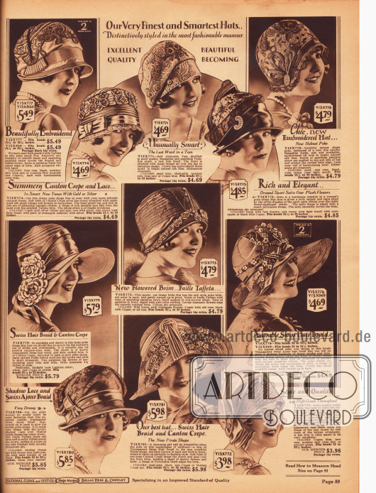Exquisite und aufwendig gestaltete Damenhüte aus Faille Taft und „Pedaline“ Strohgeflecht, Kanton Krepp, „Bengaline“ Stroh, Satin und halbtransparentem „Pyroxaline“ Geflecht (Kunstfaser), „Bengaline Faille“, „Swiss hair braid“ (wahrscheinlich Rosshaar) und „Swiss Ajour hair braid“ (Stroh-Rosshaargeflecht).
Gerade die oberen Modelle zeigen ausgedehnte Stickereien am Hutkopf. Des Weiteren werden Ripsbänder, strassbesetzte Hutnadeln sowie Kunstblumen und Blüten als Aufputz verwendet. Unten links befindet sich zudem ein Hutmodell speziell für die ältere Dame.