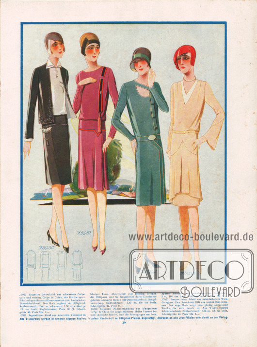 5950: Elegantes Bolerokleid aus schwarzem Crêpe Satin und weißem Crêpe de Chine, der für die sportliche hochgeschlossene Bluse verwendet ist. Am Jäckchen Plattstichstickerei. Den Rock ergänzt ein Hüftgürtel.
5951: Jugendliches Kleid aus neurotem Veloutine in blusiger Form. Abstechende rote Blenden betonen die Hüftpasse und die linksseitlich durch Einschnitte geleitete schwarze Blende mit Quastenabschluß. Knopfverzierung.
5952: Elegantes Nachmittagskleid aus blaugrünem Crêpe de Chine für junge Mädchen. Heller Vorstoß betont sämtliche Ränder, auch die Faltengruppe am Rock. Aparter Ausschnitt mit Blendengarnitur.
5953: Sommerliches Kleid aus modefarbenem Woll-Georgette. Den Ausschnitt füllt ein weißer Seideneinsatz. Der enge Rock zeigt eine glockig ausfallende Tunika, die vorn geteilt ist. Am Wildledergürtel Schnallenschluß.
