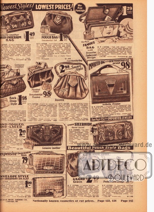 Günstige sowie kleine und größere Rahmenhandtaschen aus echtem Leder (z.B. Kalbsleder oder Ochsenleder). Oben rechts wird eine große, flache Handtasche mit breitem Spiegel präsentiert, die ein bequemes Schminken und Zurechtmachen ermöglicht. Genau darunter wird eine flache Handtasche mit modernistischem Dessin und künstlerischem Rahmen beworben. Links unten befinden sich praktische Geldbörsen.