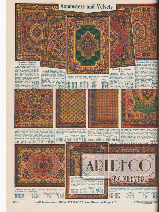 Kleinere und größere Samt-Teppiche im Axminster-Stil mit floralen, leuchtenden Mustern, im Medaillon-Motiv oder im eher zurückhaltenden, ruhigen Design.
Die Größen reichen von 68,58 x 132,08 cm (27 x 52 Inch, oben links) über 1,83 x 2,74 m (6 x 9 Feet) bis 3,43 x 3,66 m (11¼ x 12 Feet, unten rechts).