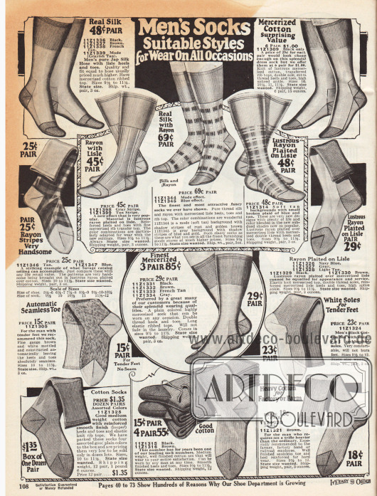 „Männer Socken die zu allen Gelegenheiten getragen werden können“ (engl. „Men’s Socks Suitable Styles for Wear On All Occasions“).
Herrensocken aus Seide, gemustertem Rayon, Rayon und Baumwollzwirn, Rayon-Seide oder merzerisierter Baumwolle für eher förmliche Gelegenheiten (oben) und dicke Socken aus Baumwollgeweben in schweren Qualitäten für Fabrik, Arbeit und Farm (unten).