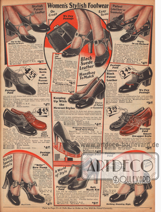 „Modische Damenschuhe – Auf Kredit – Günstige Konditionen“ (engl. „Women’s Stylish Footwear – On Credit – Easy Terms“).
Elegante Damenschuhe aus Lackleder, Satin, Veloursleder, Kalbsleder oder Chevreauleder (Ziegenleder). Unter den Modellen sind Oxfords, Pumps, Schnallenschuhe sowie ein Spangenschuh mit T-Schnalle. Dekorative Schleifen, Perforationen und Ausstanzungen und eidechsenartig genarbtes Leder verarbeitet mit glattem Leder geben jedem Modell eine besondere Note.
Die Absätze sind entweder eher niedrig, mittelhoch („Cuban heel“) oder spitz und hoch („spike heel“). Ein Modell mit passender Rahmenhandtasche.