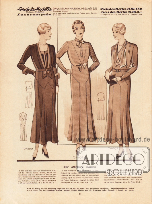 4891: Kleid für fülligere Damen aus marineblauem Wollstoff. Einsatz, Kragen und Manschetten sind mit abstechenden Blenden garniert.
4892: Kleid für vollschlanke Frauen aus braunem Diagonal-Wollstoff. Die gebundene Kragenblende und die Schleife sind mit heller Seide unterlegt.
4893: Nachmittagskleid stärker gebaute Frauen aus braunem Marocain. Der linksseitlich geraffte Kragen ist an den Enden mit hellen Teilen unterlegt.