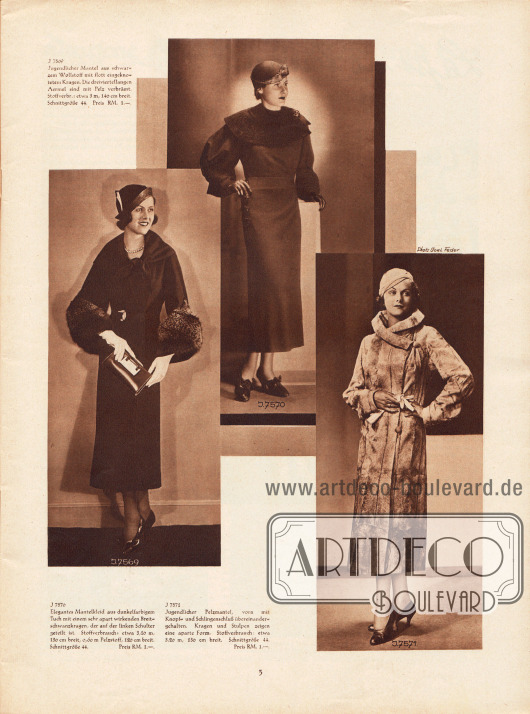 Links ein Herbstmantel aus schwarzem Wollstoff, geknotetem Kragen und dreiviertellangen, pelzverbrämten Ärmeln (Modell 7569).
Es folgt ein Mantelkleid aus dunkelfarbigem Baumwolltuch, weit gepufften Ärmeln und weit überlappendem Breitschwanzkragen (7570).
Rechts folgt ein Pelzmantel mit Knopf- und Schlingenverschluss. Eine ungewöhnliche Form zeigen Kragen und Ärmelstulpen (7571).
Fotos: Joel Feder.