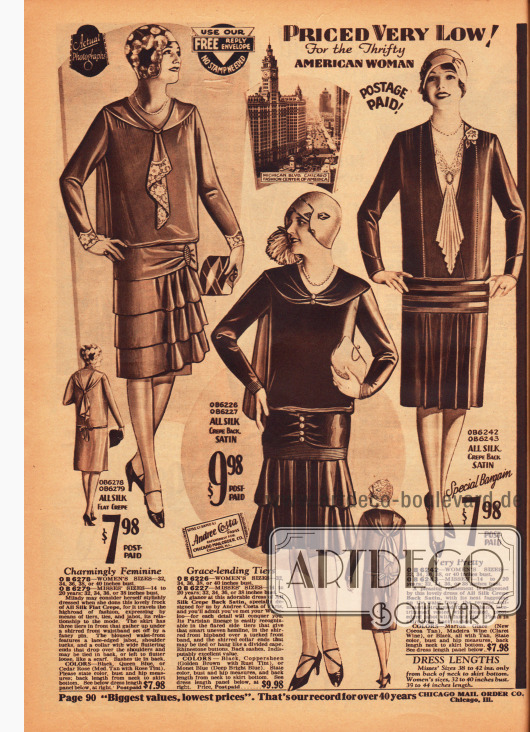 Tages- und Nachmittagskleider für Frauen zu moderaten Preisen aus Seiden-Krepp und Seiden-Satin. Die ersten beiden Kleider zeigen einen verlängerten Kragen, deren Enden im Rücken zusammengebunden sind. Des Weiteren besitzen die Kleider links und rechts ein Spitzenjabot sowie ein Plisseejabot ausgehend vom Bluseneinsatz. Die ersten beiden Modelle präsentieren zudem Falten werfende Volants am Rockteil.