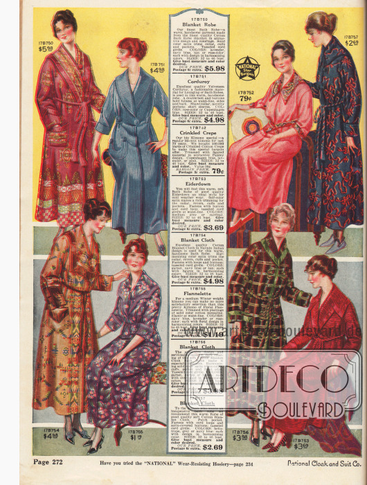 Bademäntel, Morgenmäntel und Kimonos für Damen. Die Mäntel sind aus bunt gemusterten Stoffen wie schweren Baumwollstoffen, Samtkord, Knitterkrepp (engl. „Crinkled Crep“), Eiderdaunengewebe, Flanell und anderen Baumwollgeweben hergestellt.
Unten links befindet sich eine Morgenrobe mit einer Musterung der Navajo Indianer. Die meisten Modelle werden mit einem Strick oder Seil in der Taille zusammengebunden.