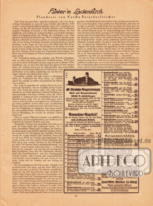 Artikel:
Bernsöe-Stricker, Kascha, Hinter'm Ladentisch, Plauderei von Kascha Bernsöe-Stricker.
Werbung:
Josef Witt, Weiden 114 Oberpfalz.