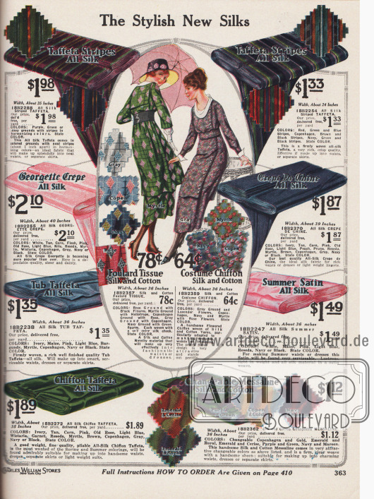 „Die modischen neuen Seidenstoffe“ (engl. „The Stylish New Silks“).
Einfarbige, gestreifte und gemusterte Seidenstoffe wie Seiden-Taft, Seiden-Georgette Krepp, Seiden-Baumwoll-Foulard, geblümter Seiden-Baumwoll-Chiffon, Seiden-Crêpe de Chine, sommerlich leichter Seiden-Satin, Seiden-Chiffon-Taft und farblich schimmernd changierendes Messaline-Mischgewebe (Seiden-Baumwolle).
Die Preise sind pro Yard (91,44 cm) angegeben. Die Stoffe sind zudem zwischen 24 und 40 Inch breit (66,0 und 101,6 cm).