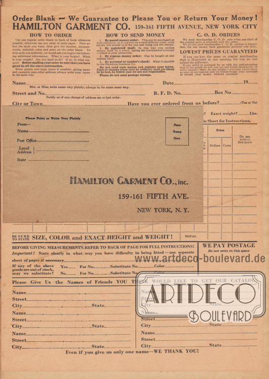 Lose Beilage: Briefumschlag zur Versendung der Bestellung, adressiert an Hamilton Garment Co., Inc., 159-161 Fifth Ave., New York, N. Y. (USA).
Maße des Umschlags: 15,2 x 8,9 cm / 6,0 x 3,5 Inch.