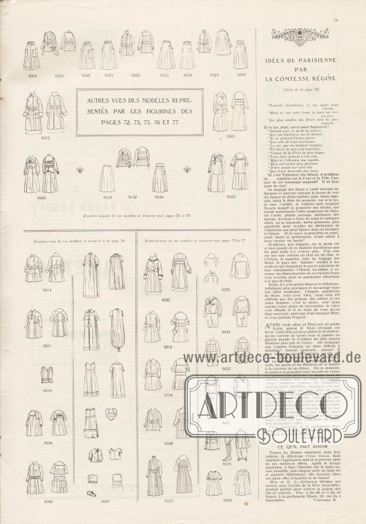 Artikel:
Comtesse Régine, Idées de parisienne par la comtesse régine.
Auf dieser Seite befinden sich die Vorder- sowie die Rückansichten der Modelle der Seiten 72-73 und 75-77.