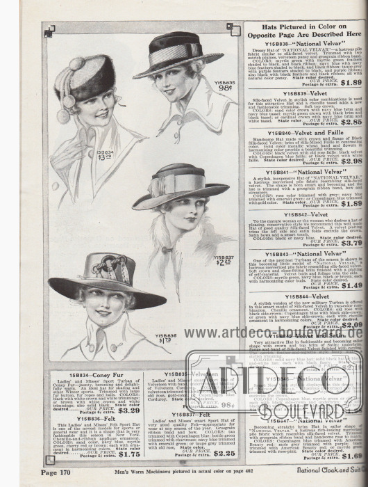 Sportliche Damenhüte für die Herbst- und Wintersaison 1917-1918.
Oben links befindet sich ein Sport Turban aus Kaninchenpelz mit langen Bändern und Fellkugeln, der sich ideal für den Wintersport oder auch Eislaufen eignet. Rechts davon wird ein breitkrempiger Sporthut aus kombiniertem Samt und hellerem Samtkord für 98 Cent angeboten.
Darunter wird ein breitkrempiger Sporthut aus Filz mit breitem Ripsband und Schleife präsentiert. Unten links befindet sich ein modischer Hut mit Chenille und Bänder Applikation.