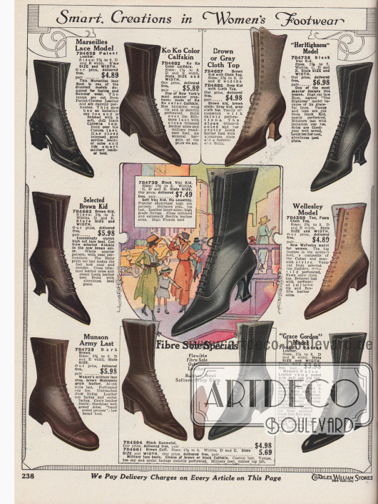 „Elegante Schuhmodelle für Damen“ (engl. „Smart Creations in Women’s Footwear“).
Hochgeschlossene Schnürstiefel aus Lackleder, Rindsleder, Chevreaulder (Ziegenleder) oder „Vici“-Chevreauleder für Frauen. Teilweise sind die Stiefel im zweifarbigen Design und aus zweierlei Material. Die Oberteile sind dabei aus hellerem, angerauten Leder oder hellem Stoff.
Geschwungene, mittelhohe Louis XIV Absätze oder niedrigere, dicke militärische Absätze sind an den Modellen zu finden. Nähte, Lochlinienverzierungen (Perforationen) und ausschließlich spitze Kappen sind die modischen Akzente.