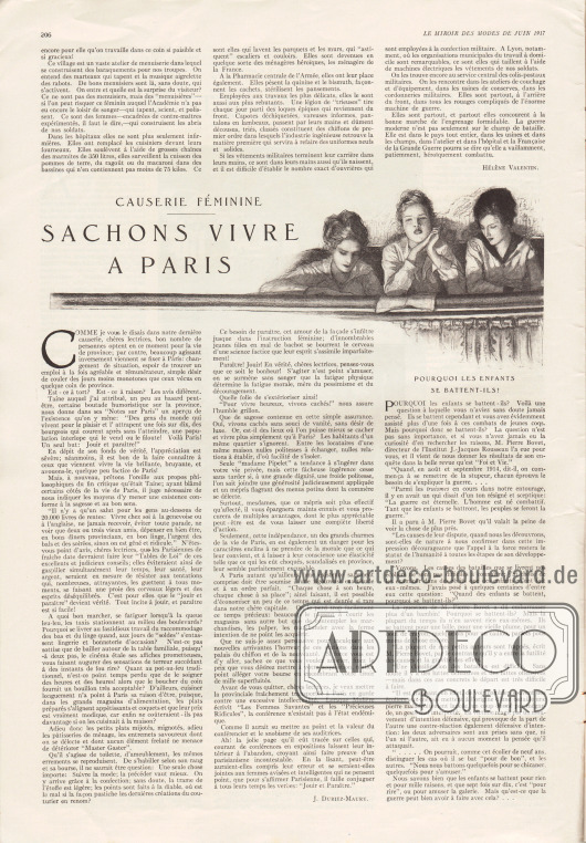 Artikel (causerie féminine):
Duriez-Maury, J., Sachons vivre à Paris;
O. V., Pourquoi les enfants se battent-ils?