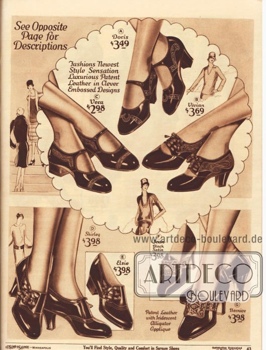 Fünf Damenschuhe aus Lackleder, die mit ornamentalen und sehr reizvollen Prägungen (A, B, C) oder mit reptilienartig genarbtem Leder kombiniert und mit einer broschenartigen Schnalle versehen wurden (F, G). Das Oxford Modell D präsentiert eine seitliche Öffnung mit Ausstanzungen und Schleifchen.
Die Damenschuhe werden entweder mit niedrigen Absätzen (Militärabsätze), mittelhohen und dicken kubanischen Absätzen oder spitzen, aber schlanken hohen Absätzen („spike heel“) geliefert.