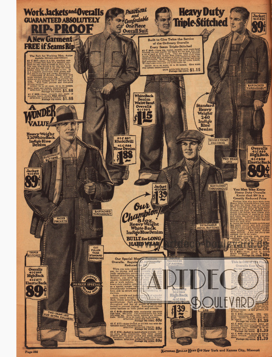Arbeitskleidung wie Overalls, Jacken und Hosen aus Jeansstoff und Khaki mit dreifachen Nähten.