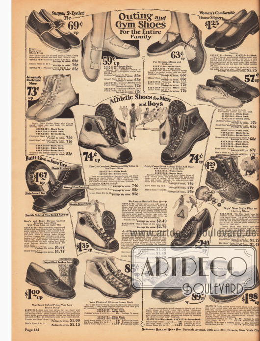 Sportschuhe aus atmungsaktivem Kanevas und Gummi für alle Familienmitglieder. Gerade die Schuhe in der Mitte ähneln sehr den bereits seit 1917 hergestellten Converse All Star Sportschuhen der gleichnamigen Firma.
Recht weit unten mittig befinden sich auch Baseball Schuhe aus Kalbsleder mit Eisenspikes unter den Sohlen für Jungen.